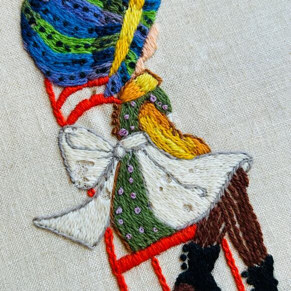 c1975 Large 21 x 18" Holly Hobbie Hand Embroidery Folk Art in Orange Wood Frame - Picture 10 of 12